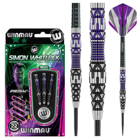 Simon Whitlock 90% tungsten darts set in retail packaging plus three darts displayed to show barrel grip, steel tip, and purple flights