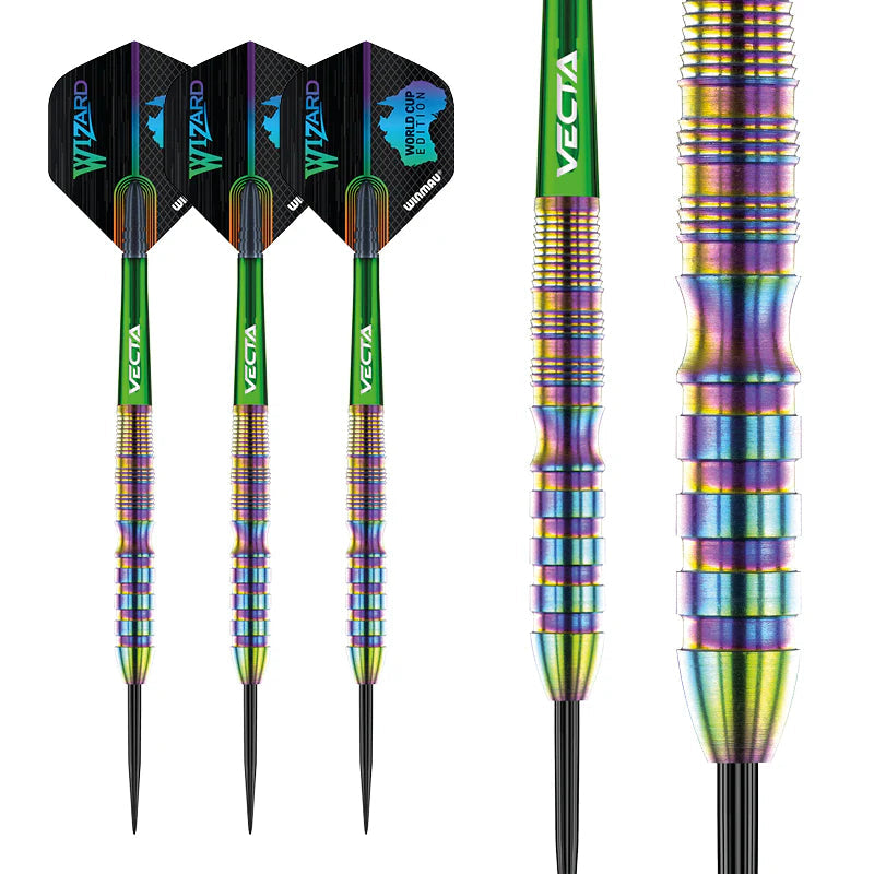 Tungsten darts set with rainbow grooves, full product view and close-up of precision grip barrel, steel tip, and Vecta shafts on white background