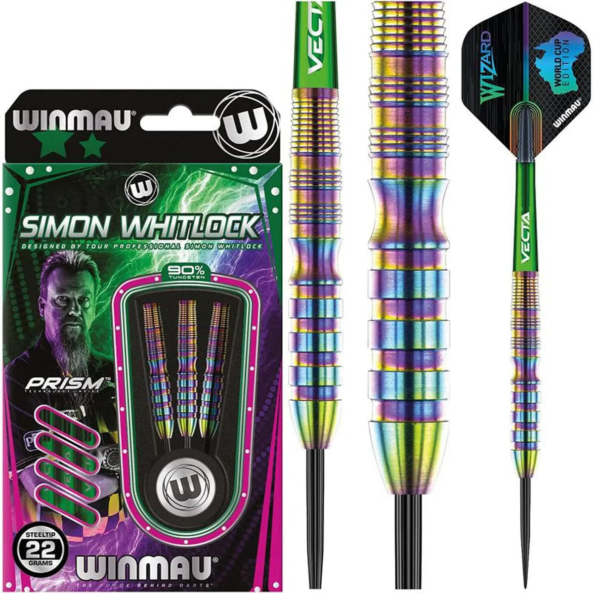 Special edition 90% tungsten darts in retail packaging with rainbow grip texture, close-up barrel detail, and full assembled dart