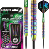 Special edition 90% tungsten darts in retail packaging with rainbow grip texture, close-up barrel detail, and full assembled dart