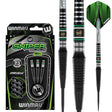 Sniper Black 2 90% tungsten darts set in retail packaging beside close views of steel tip dart barrels and green flights