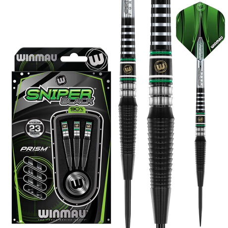 Sniper Black 2 90% tungsten darts set in retail packaging beside close views of steel tip dart barrels and green flights