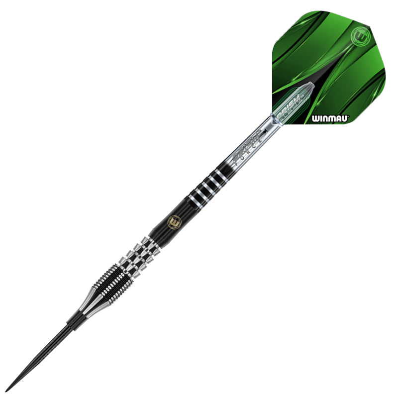 Steel tip tungsten dart with black and silver ringed grip, detailed barrel, and green flight on white background