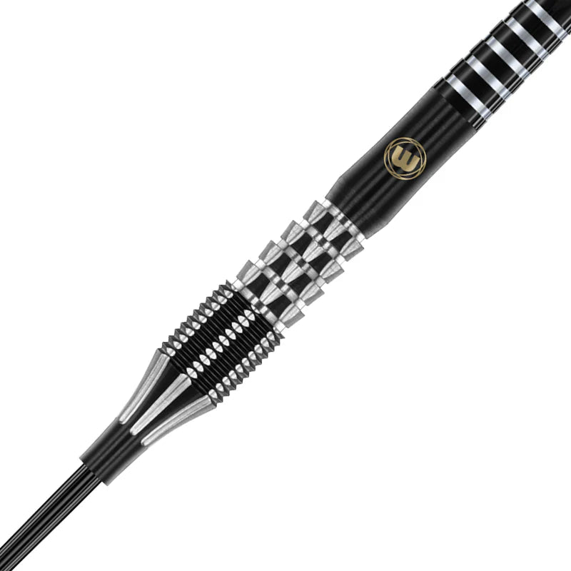 Close-up of 90% tungsten dart barrel showing precision grip texture, black and silver knurling, isolated on white background
