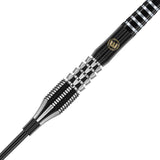 Close-up of 90% tungsten dart barrel showing precision grip texture, black and silver knurling, isolated on white background