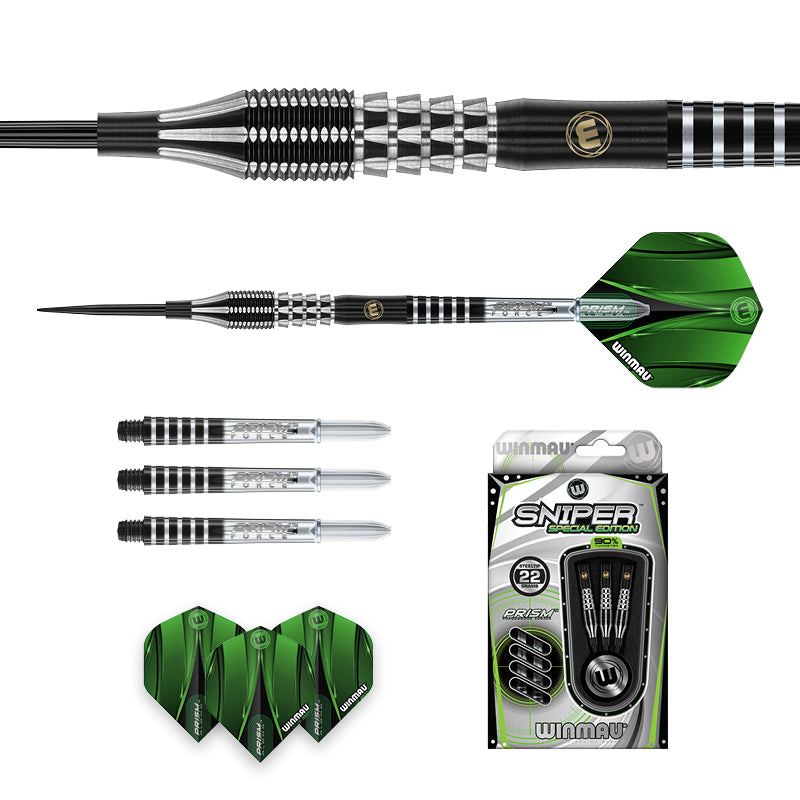 Sniper Special Edition 1 90% tungsten darts set with close-up barrel grip, spare barrels, green flights, and packaging on white background