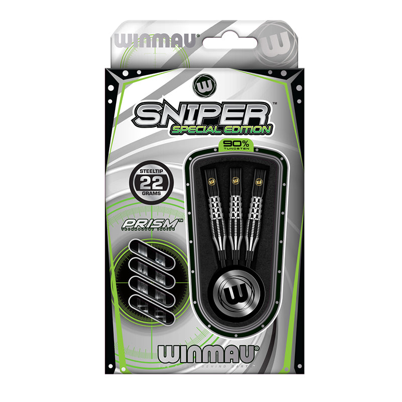 Front view of Sniper Special Edition 1 90% tungsten darts set in retail packaging, steeltip, 22 grams, flights and grip barrel details visible