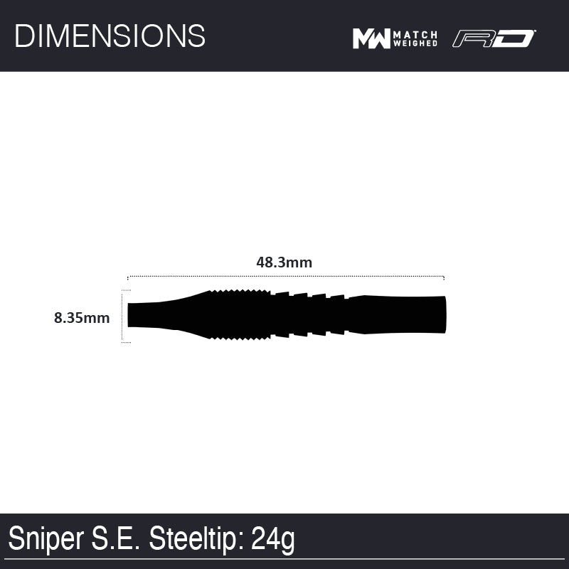 Sniper Special Edition dart barrel dimensions diagram, showing 48.3mm length and 8.35mm diameter for 24g steel tip tungsten dart