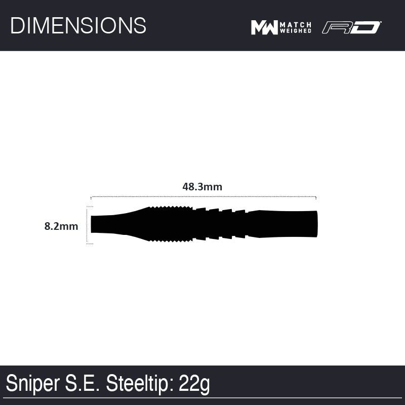 Sniper Special Edition dart barrel side view with 48.3mm length and 8.2mm diameter, steel tip, technical sizing reference