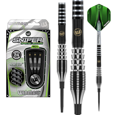 Steel tip tungsten darts set in retail packaging with close-up views showing knurled grip, barrel rings, and green flights