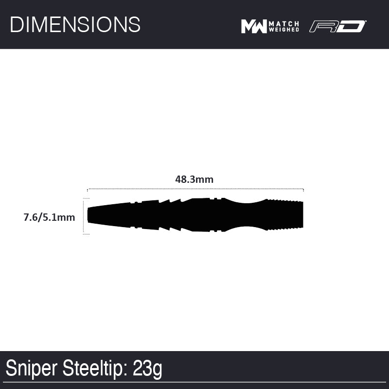 Sniper Style 3 23g barrel dimensions: 48.3mm long, 7.6mm at its widest tapering to 5.1mm