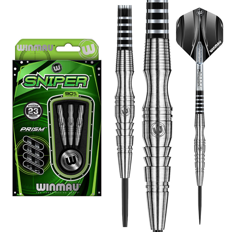 Winmau Sniper Style 3 23g 90% tungsten darts with retail packaging, black flights and clear shafts