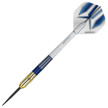 Full view tungsten dart with gold and blue nitride coated barrel, precision grip, and geometric blue flights on white background