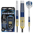 Steve Beaton 90% tungsten darts in retail packaging with close-up of blue and gold titanium nitride barrels, textured grip, and flights.