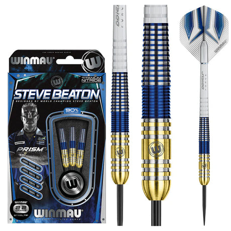 Steve Beaton 90% tungsten darts in retail packaging with close-up of blue and gold titanium nitride barrels, textured grip, and flights.