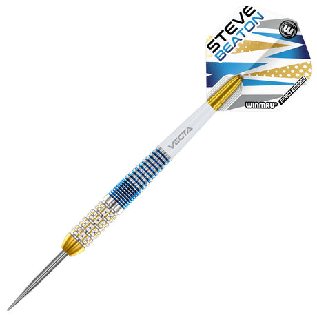 Steve Beaton Legacy Edition tungsten dart angled on white, showing blue ringed grip, gold accents, and custom flights