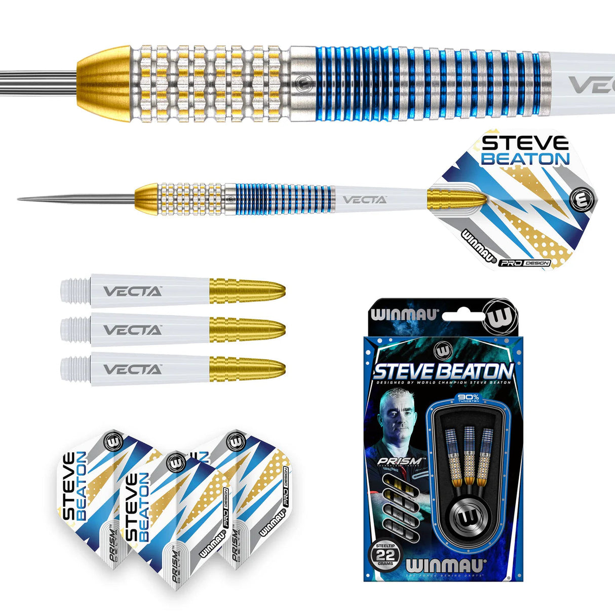 Steve Beaton Legacy Edition tungsten darts set with barrel close-up, assembled dart, spare Vecta shafts, extra flights, and retail packaging on white background
