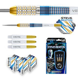 Steve Beaton Legacy Edition tungsten darts set with barrel close-up, assembled dart, spare Vecta shafts, extra flights, and retail packaging on white background