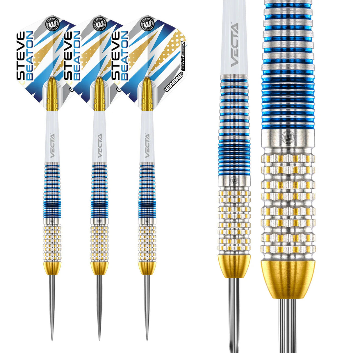 Full view tungsten darts with blue, gold, silver barrels and close-up of precision grip texture, ideal for professional dart players