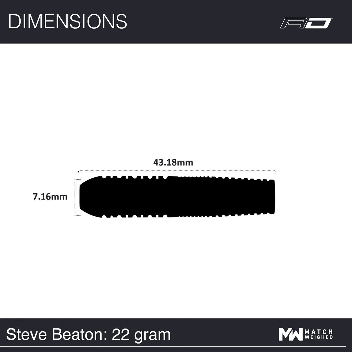 Dart barrel side view showing 43.18mm length, 7.16mm diameter, technical barrel dimensions for 22g tungsten darts