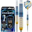 Steve Beaton Legacy 90% tungsten darts in retail packaging with close-up of blue and gold knurled barrel grip and full assembled dart with signature flight.