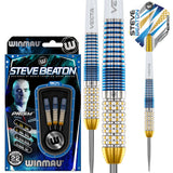 Steve Beaton Legacy 90% tungsten darts in retail packaging with close-up of blue and gold knurled barrel grip and full assembled dart with signature flight.