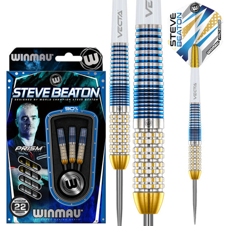 Steve Beaton Legacy 90% tungsten darts in retail packaging with close-up of blue and gold knurled barrel grip and full assembled dart with signature flight.