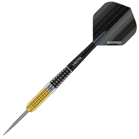 Steve Beaton Special Edition tungsten dart full side view, black carbon flight, gold grip barrel, isolated on white background