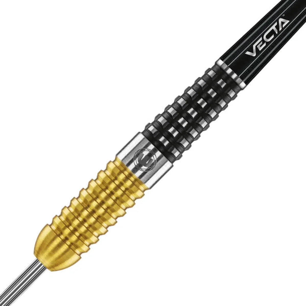 Close-up of tungsten dart barrel showing dual-grip knurling, gold and black coated grip zones, and precision machining on white background