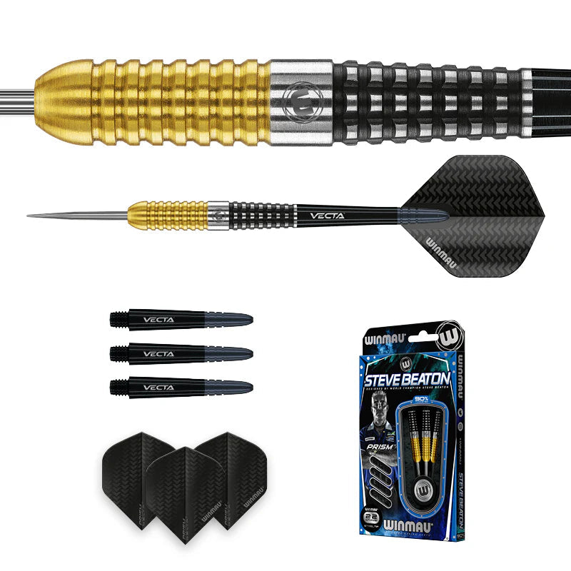 Full set of Steve Beaton tungsten darts with close-up barrel detail, extra shafts and flights, and retail packaging on white background
