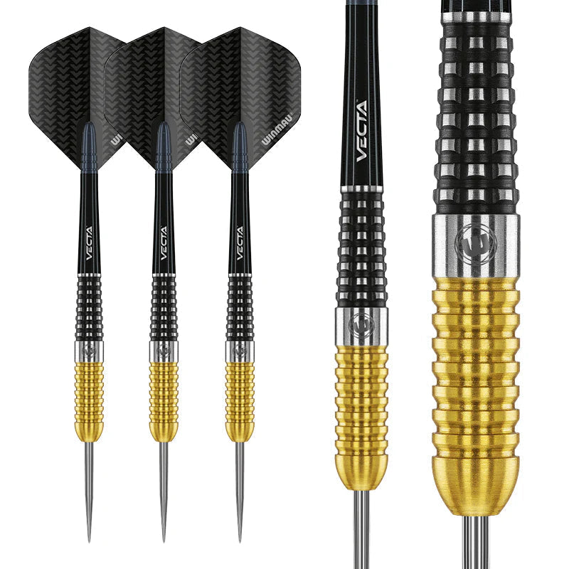 Three tungsten darts with black carbon flights and gold-black ringed barrels, plus close-up showing precision grip and dual grip detail.