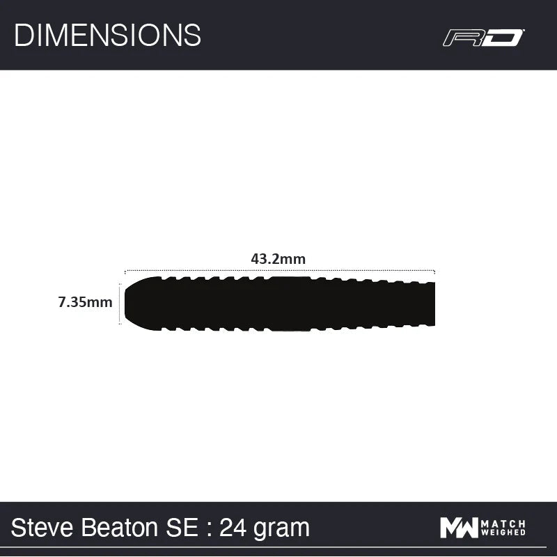 Dart barrel side profile with measurements 43.2mm length and 7.35mm diameter, ideal for tungsten dart buyers needing size details