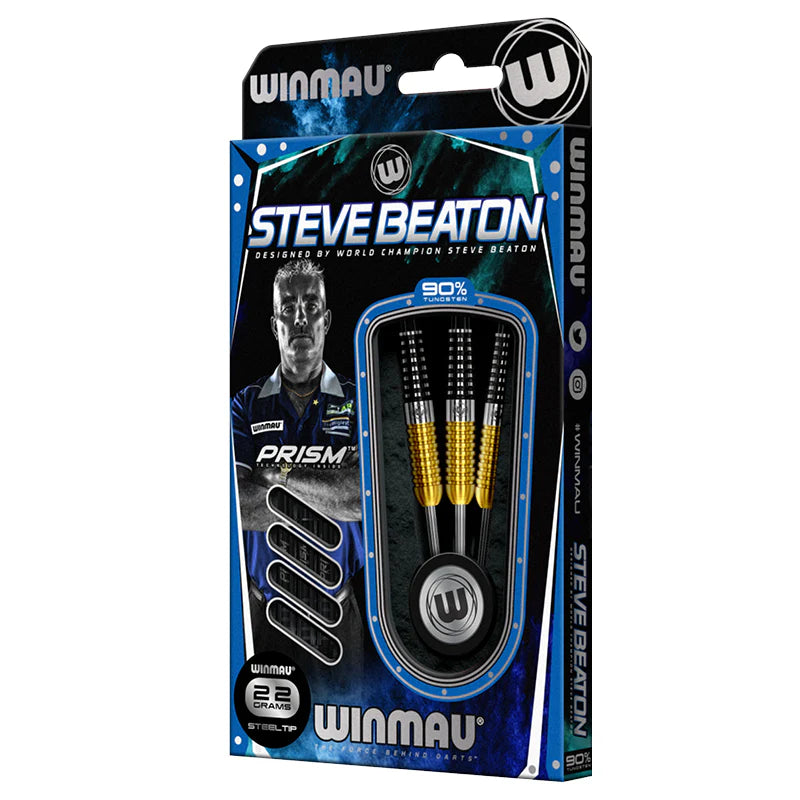 Angled packaging view of Steve Beaton 90% tungsten darts set with three dual-grip steel tip darts and spare flights, 22 grams steeltip.