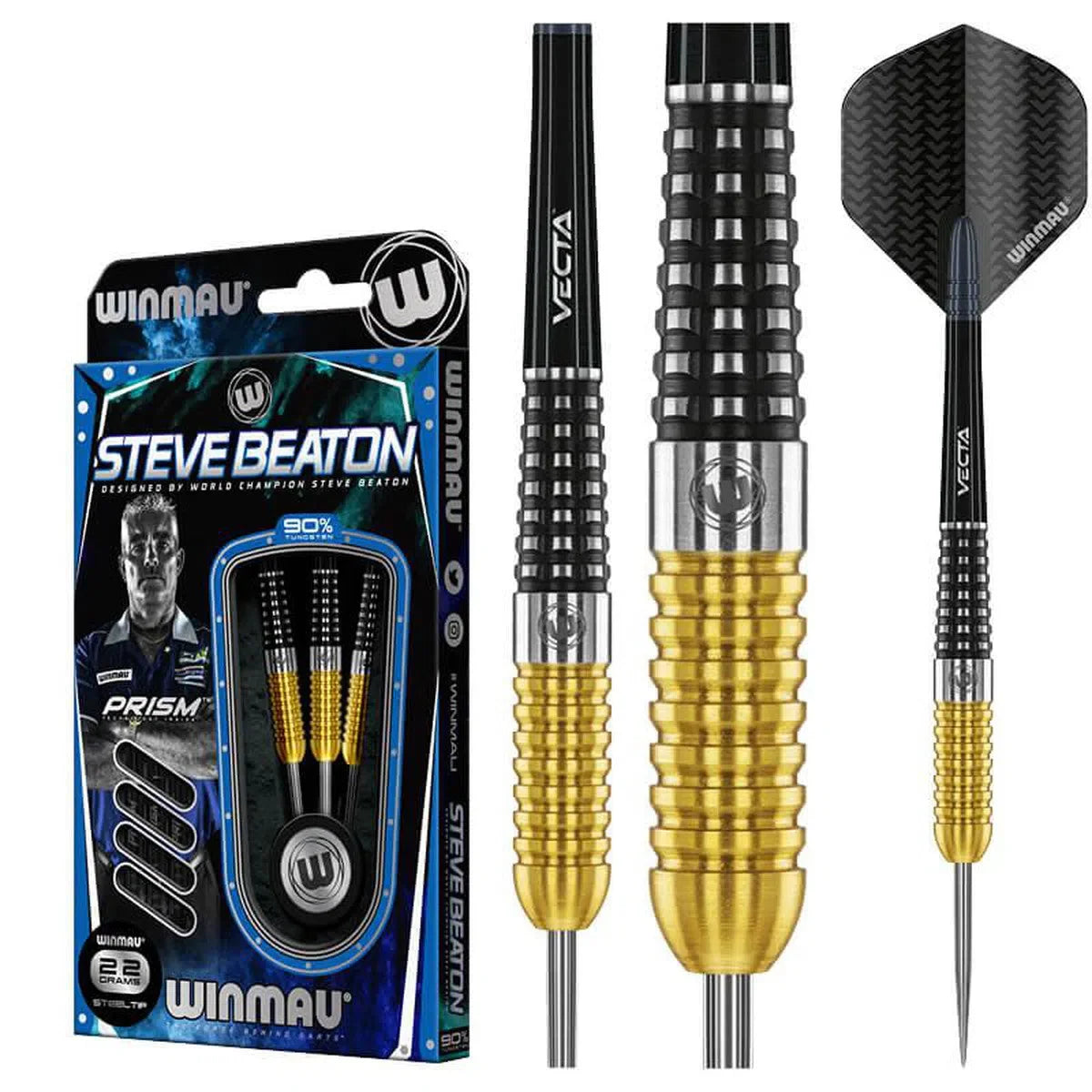 Tournament steel tip darts set with dual-grip gold and black 90% tungsten barrels, close-up barrel texture, full dart and retail packaging
