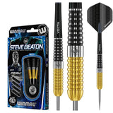 Tournament steel tip darts set with dual-grip gold and black 90% tungsten barrels, close-up barrel texture, full dart and retail packaging