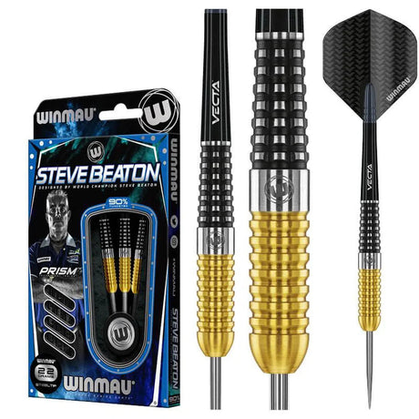 Tournament steel tip darts set with dual-grip gold and black 90% tungsten barrels, close-up barrel texture, full dart and retail packaging