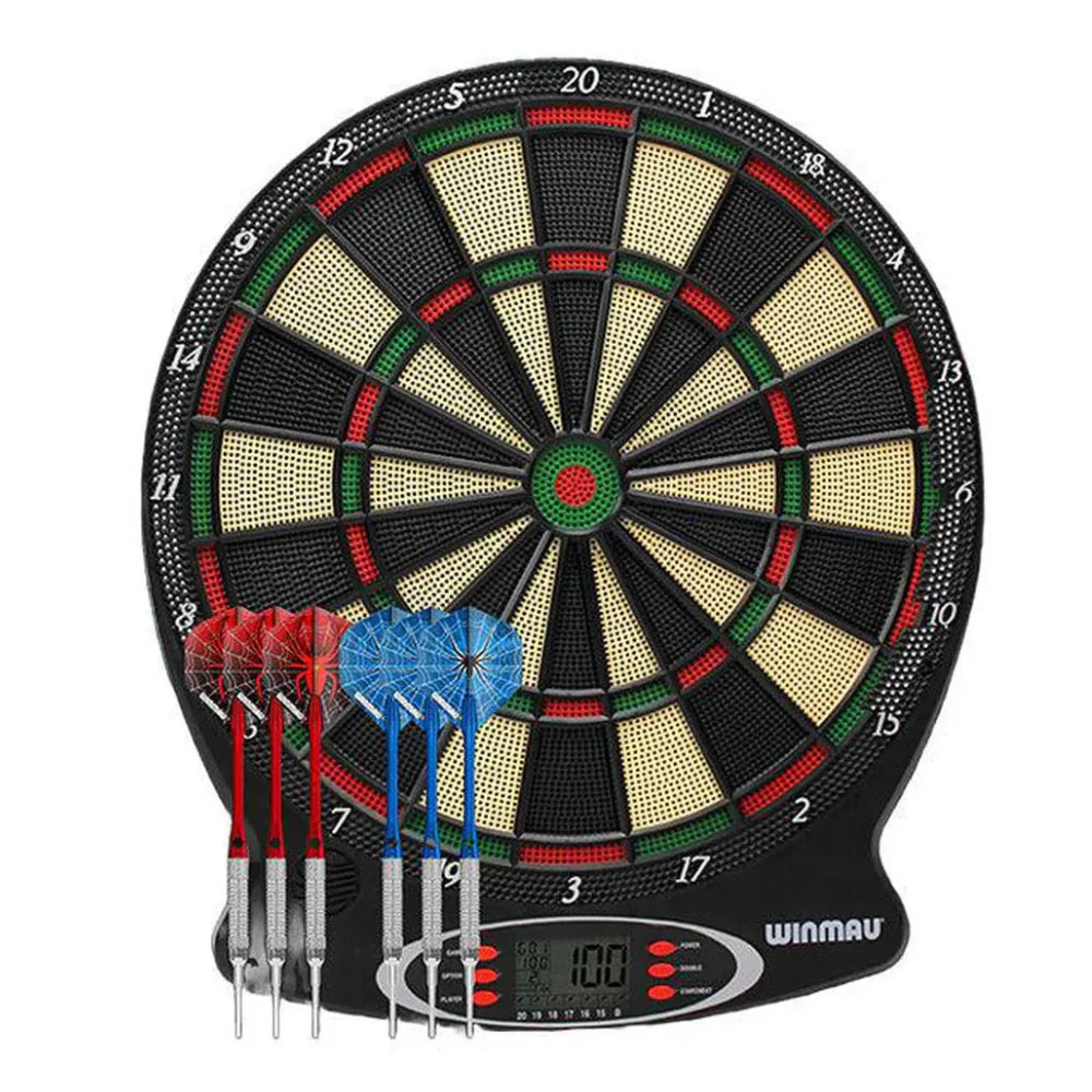 Electronic soft tip dartboard with digital scoreboard and six textured grip darts, red and blue flights, isolated on white background