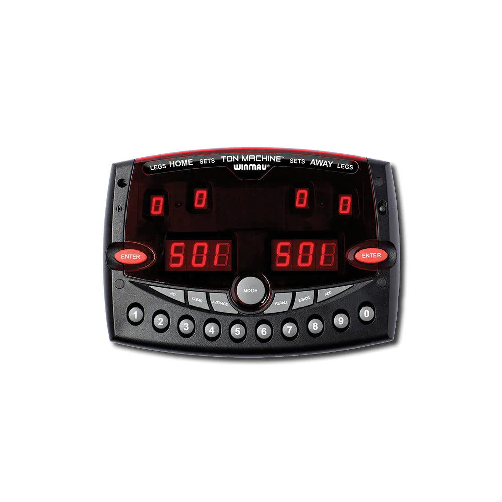 Digital dart scorer full view with LED score displays, numeric keypad, and control buttons, isolated on white background