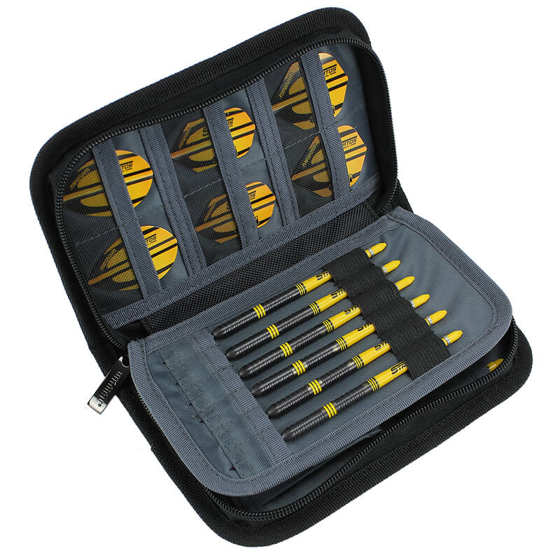 Open darts case with six assembled yellow and black darts and multiple dart flights neatly stored in interior slots