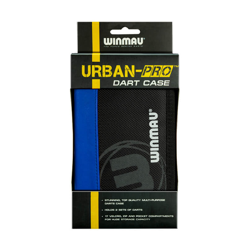 Urban Pro blue darts case in retail packaging, black and blue design, shows storage capacity and multi-compartment features