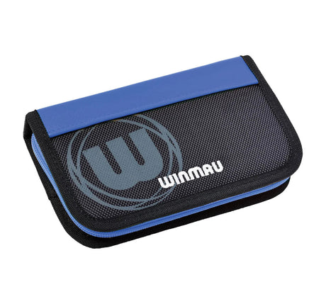 Full darts case in blue and black shown closed at an angle on white background, highlighting durable textured fabric and compact design.