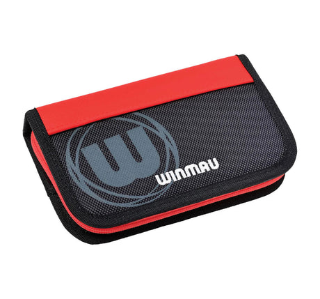 Red and black darts case displayed at an angle on white background, highlighting textured exterior and secure zip closure.