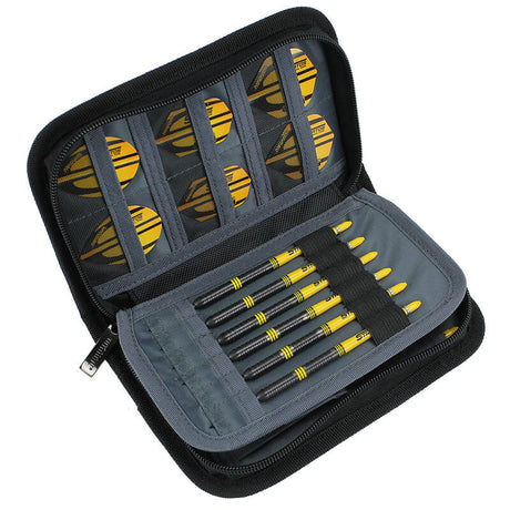 Angled view of open yellow darts case showing six black and yellow darts and organized flight pockets for dart storage
