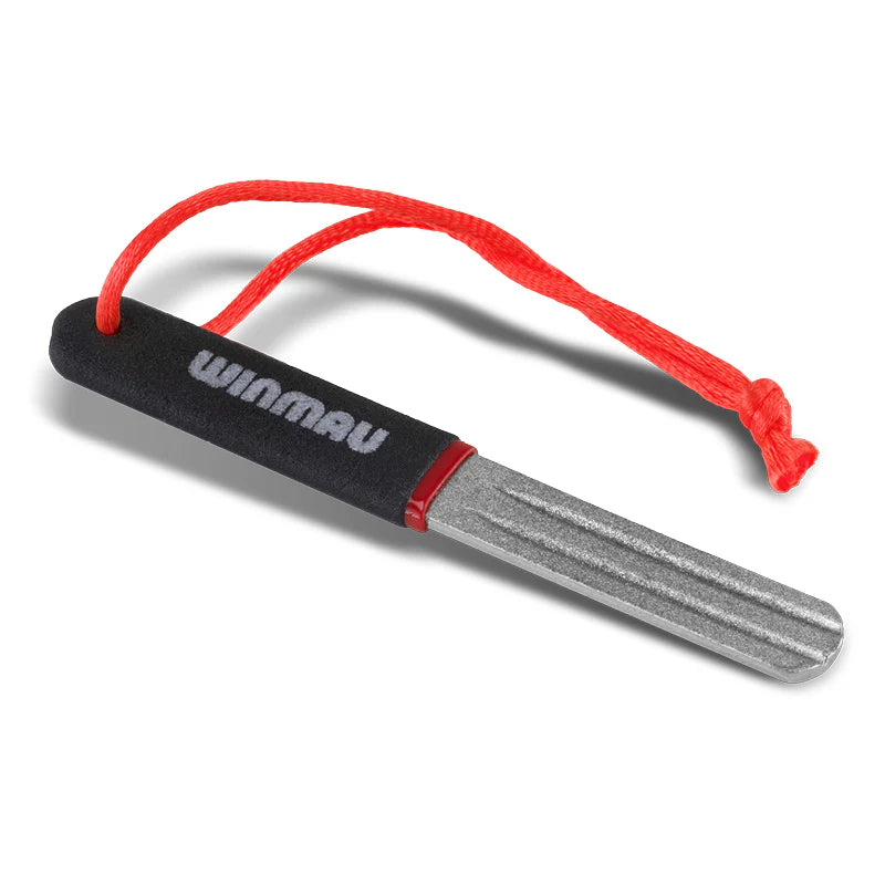 Angled view of V-Groove dart sharpener with textured grip and red lanyard, isolated on white background