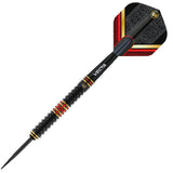 Single tungsten dart full view on white with knurled black barrel, red and gold rings, Vecta shaft, and patterned black flight