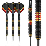 tungsten darts set with close-up barrel detail showing textured grip and red gold rings, full length black flights, isolated on white background
