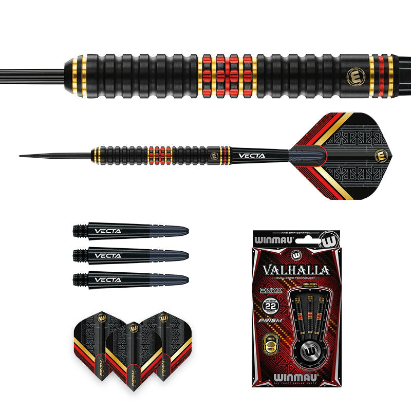 Steel tip tungsten darts set with close-up barrel grip, extra Vecta shafts, flights, and Valhalla packaging on white background