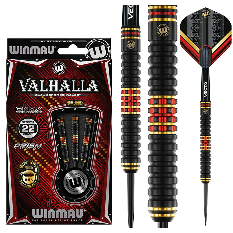 Valhalla 95%/85% tungsten steel tip darts with detailed black, gold, and red ringed grip, packaging and flight design on white background