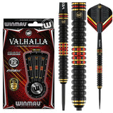 Valhalla 95%/85% tungsten steel tip darts with detailed black, gold, and red ringed grip, packaging and flight design on white background