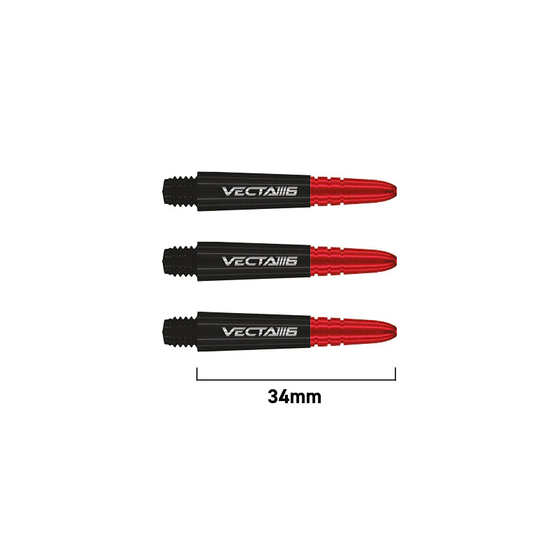 Three 34mm Vecta Blade 6 dart shafts in black and red, isolated on white with size scale, highlighting composite body and threaded ends